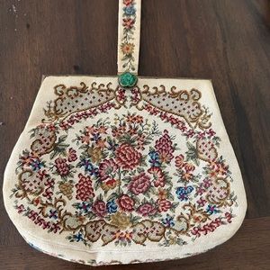 Antique‎ Vintage France Needlepoint Tapestry Evening Purse Handbag w/ Jade Clasp
